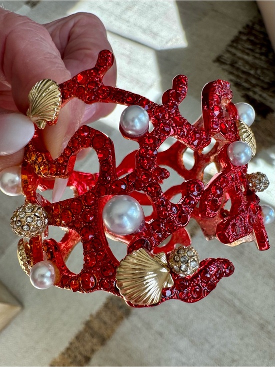 Betsey Johnson Jewelry - Betsey Johnson Red Crystal Coral Cuff with Faux Pearls & Gold Shells